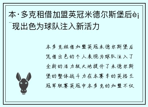 本·多克租借加盟英冠米德尔斯堡后表现出色为球队注入新活力